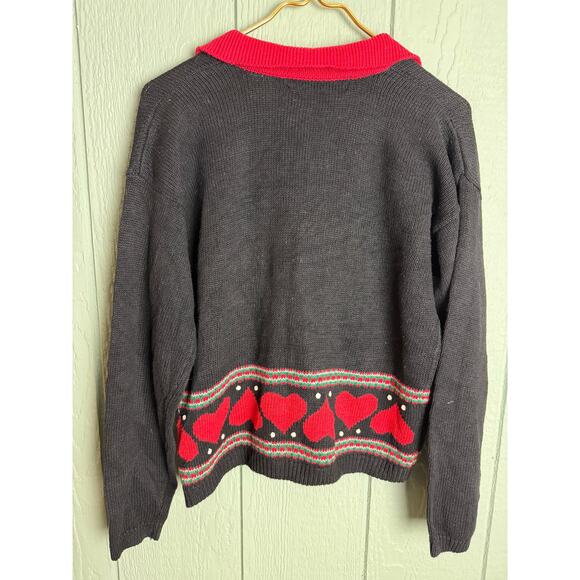 Vintage 90s Teddy Bear Christmas Cardigan Sweater PS Black Red Heart Embroidered - Picture 7 of 7